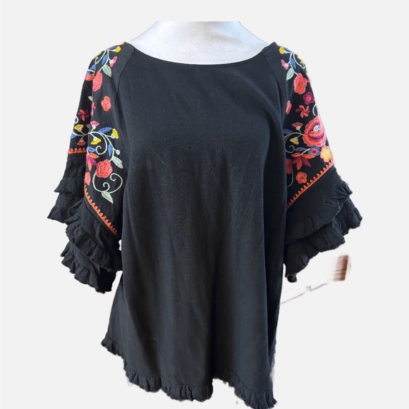 Umgee Black Top with Colorful Embroidered Sleeves - Picture 2 of 7